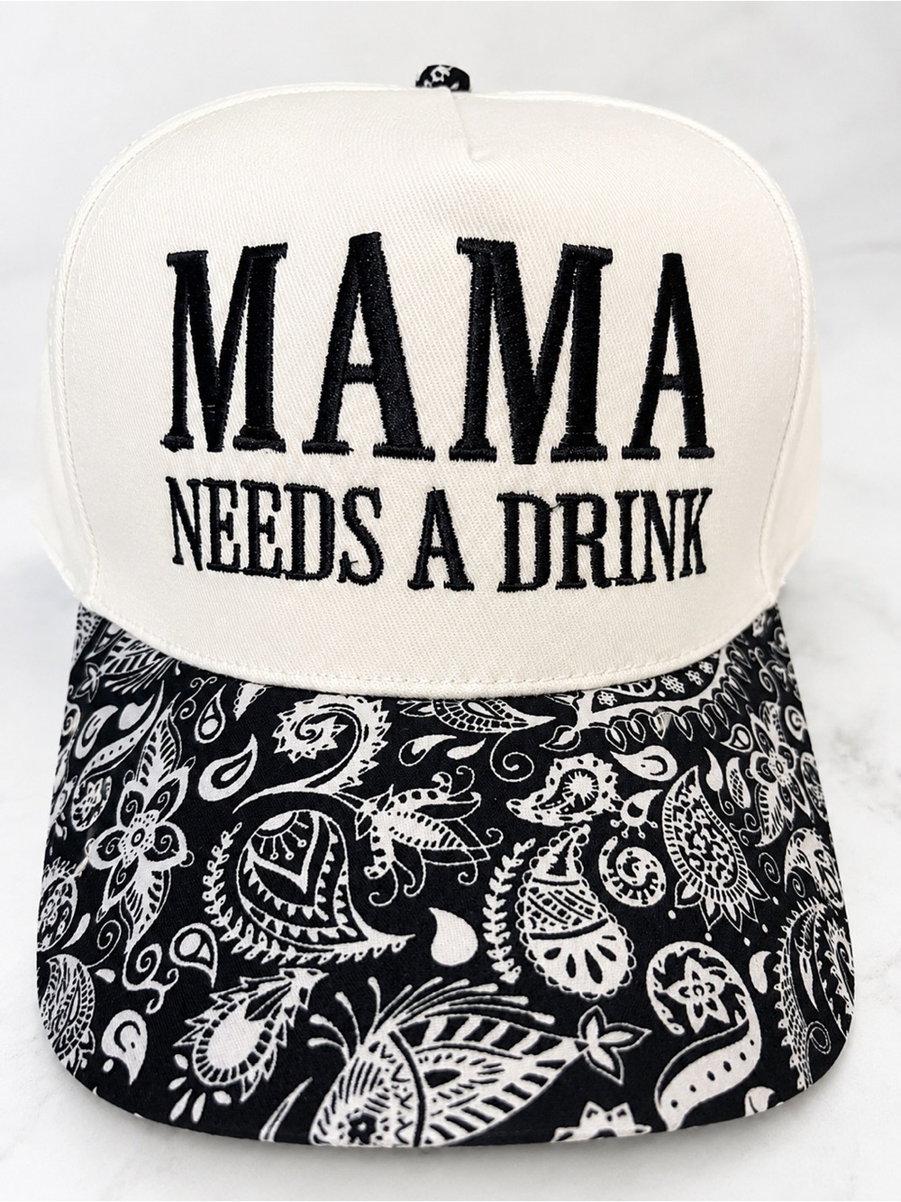 MAMA Needs A Drink Embroidered Trucker Hat - Black & White
